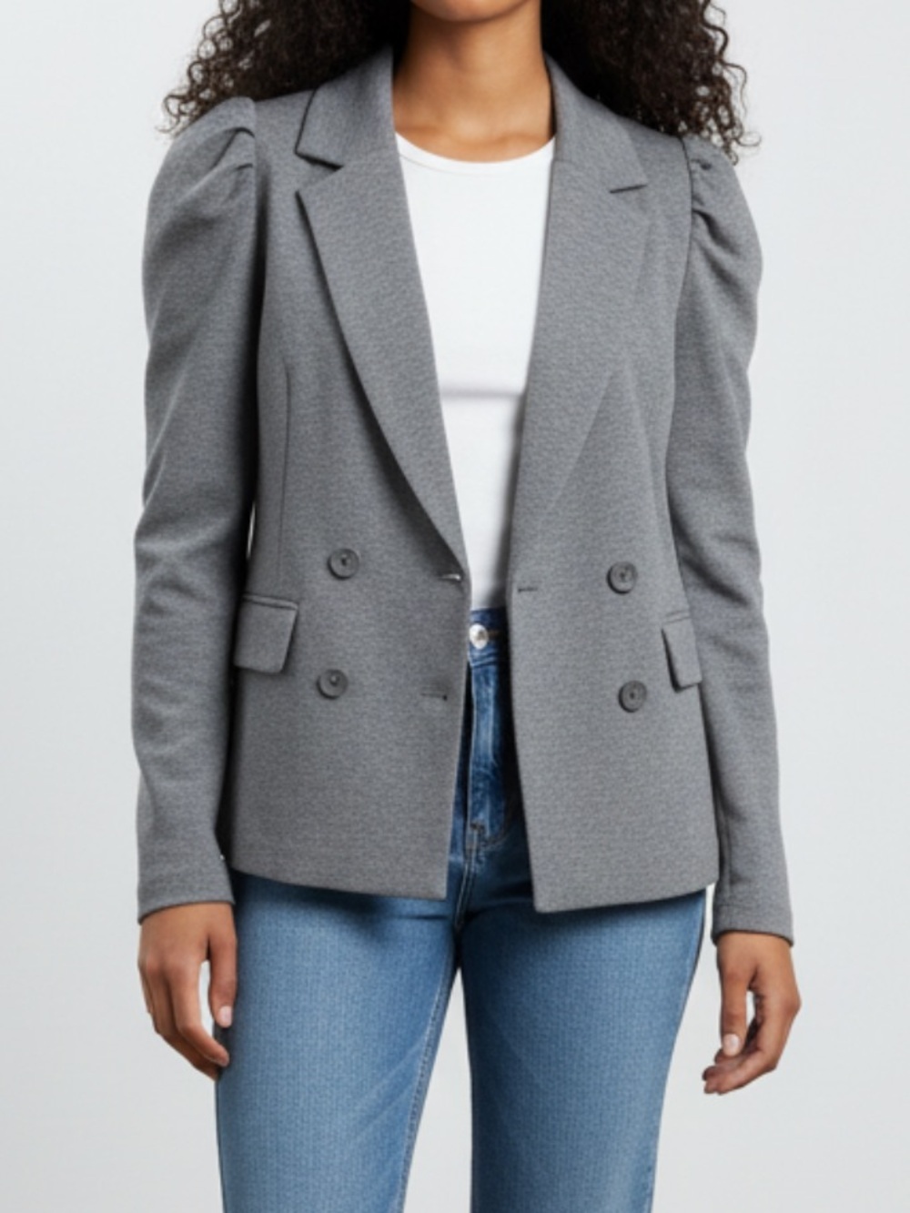 NWT-Express Gray Cropped Double-Breasted Puff Sleeve Blazer